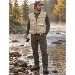 Crystal River Men Tan Khaki Fly Fishing Vest 27 Pockets XL NWT Gorpcore Utility